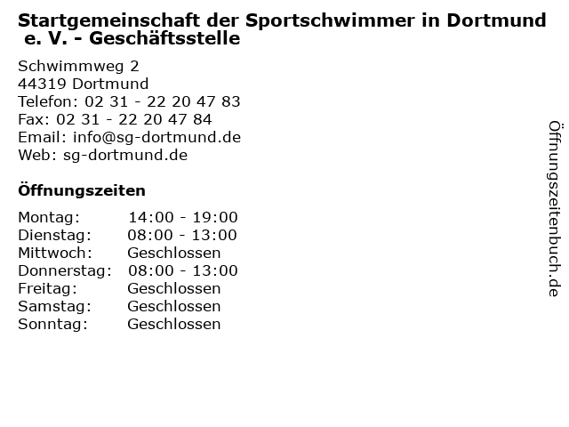Startgemeinschaft der Sportschwimmer in Dortmund e. V. - Geschäftsstelle in Dortmund: Adresse und Öffnungszeiten