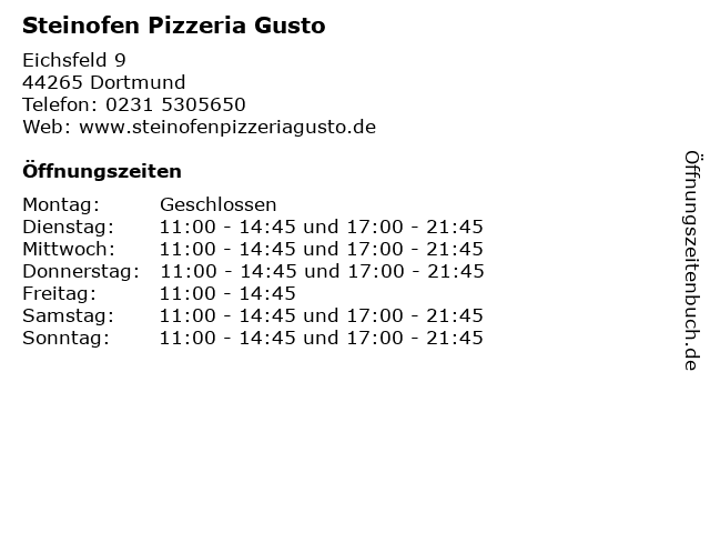 Steinofen Pizzeria Gusto in Dortmund: Adresse und Öffnungszeiten