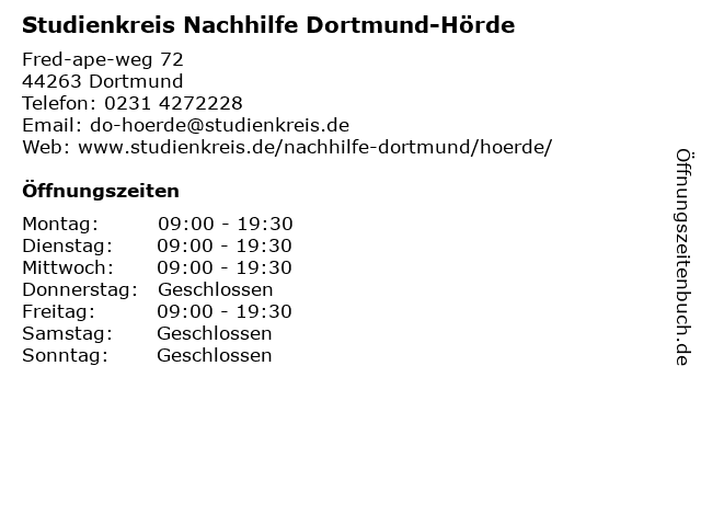 Studienkreis Nachhilfe Dortmund-Hörde in Dortmund: Adresse und Öffnungszeiten