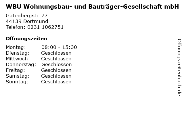 WBU Wohnungsbau- und Bauträger-Gesellschaft mbH in Dortmund: Adresse und Öffnungszeiten