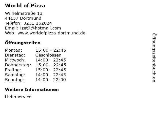 World of Pizza in Dortmund: Adresse und Öffnungszeiten