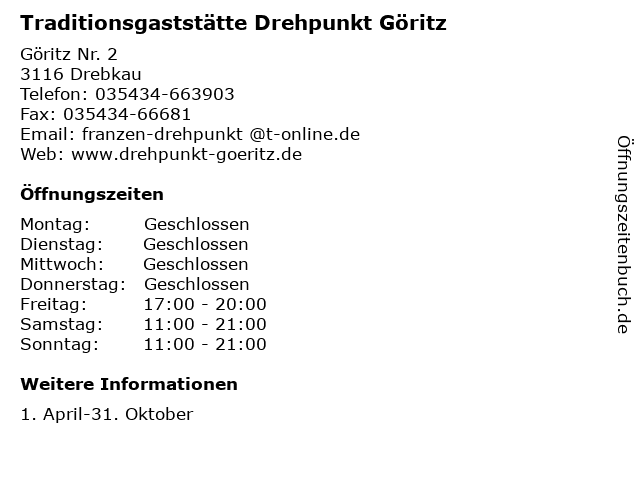Traditionsgaststätte Drehpunkt Göritz in Drebkau: Adresse und Öffnungszeiten