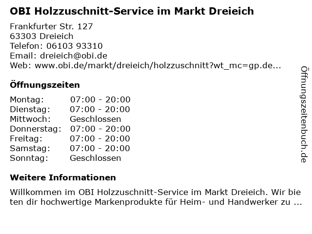 OBI Holzzuschnitt-Service im Markt Dreieich in Dreieich: Adresse und Öffnungszeiten
