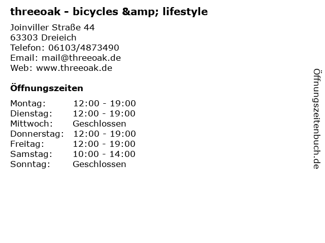 threeoak - bicycles & lifestyle in Dreieich: Adresse und Öffnungszeiten