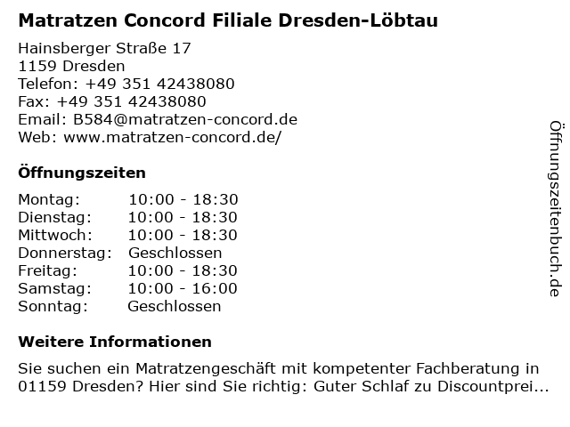 Matratzen Concord in Dresden Löbtau: Adresse und Öffnungszeiten