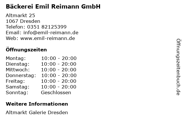 Bäckerei Emil Reimann GmbH in Dresden: Adresse und Öffnungszeiten