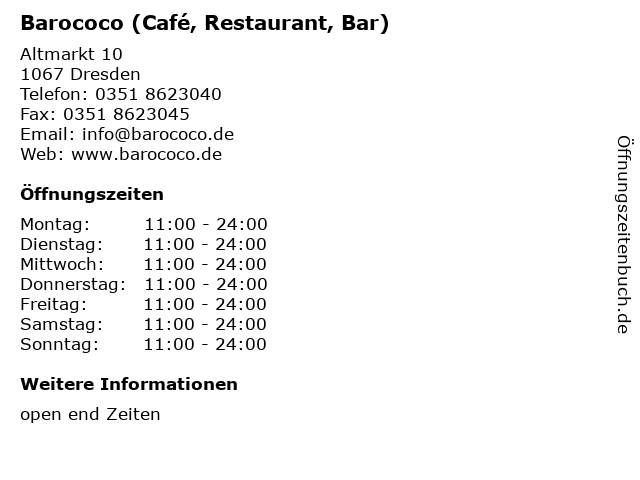 Barococo (Café, Restaurant, Bar) in Dresden: Adresse und Öffnungszeiten