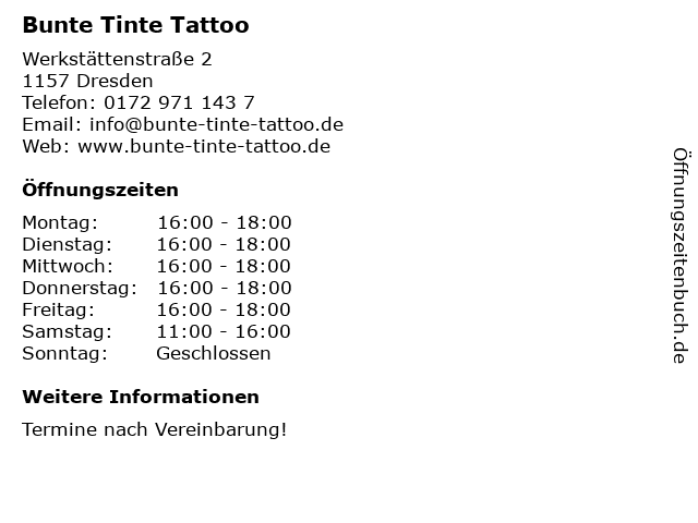 ᐅ Offnungszeiten Bunte Tinte Tattoo Werkstattenstrasse 2 In Dresden