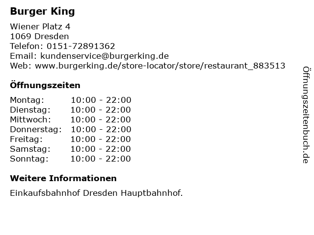 ᐅ Offnungszeiten Burger King Deutschland Gmbh Wiener Platz 4 In Dresden