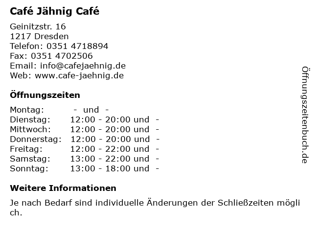 Café Jähnig Café in Dresden: Adresse und Öffnungszeiten