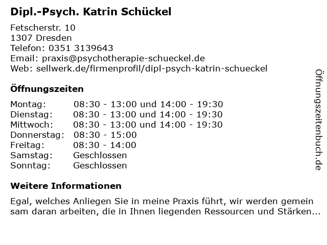 Dipl.-Psych. Katrin Schückel in Dresden: Adresse und Öffnungszeiten