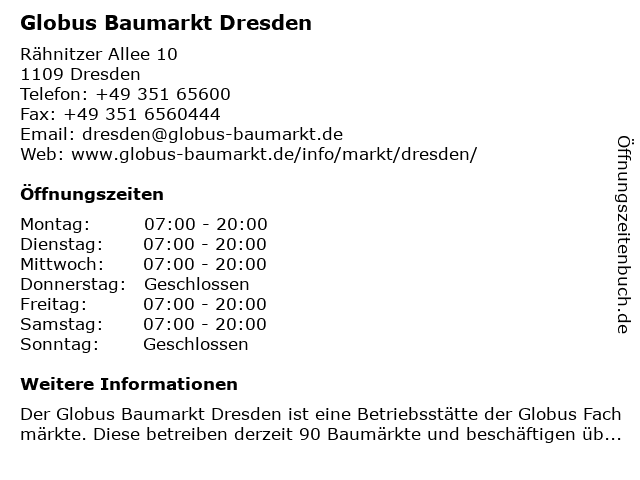 Globus Baumarkt Dresden in Dresden: Adresse und Öffnungszeiten