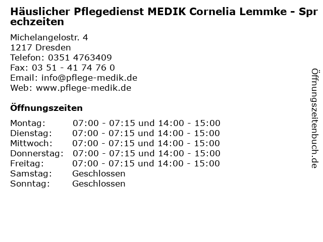 Häuslicher Pflegedienst MEDIK Cornelia Lemmke in Dresden: Adresse und Öffnungszeiten