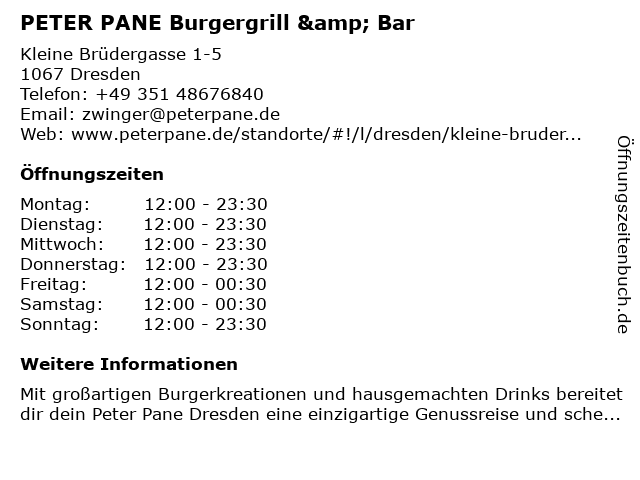 PETER PANE Burgergrill & Bar in Dresden: Adresse und Öffnungszeiten