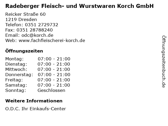 Radeberger Fleisch- und Wurstwaren Korch GmbH in Dresden: Adresse und Öffnungszeiten