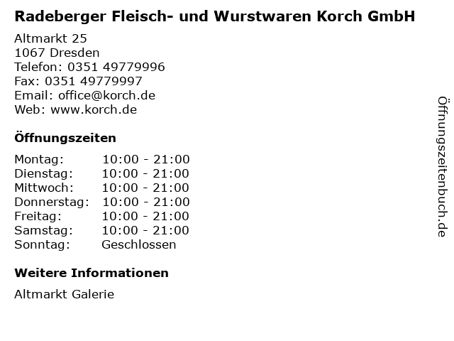 Radeberger Fleisch- und Wurstwaren Korch GmbH in Dresden: Adresse und Öffnungszeiten