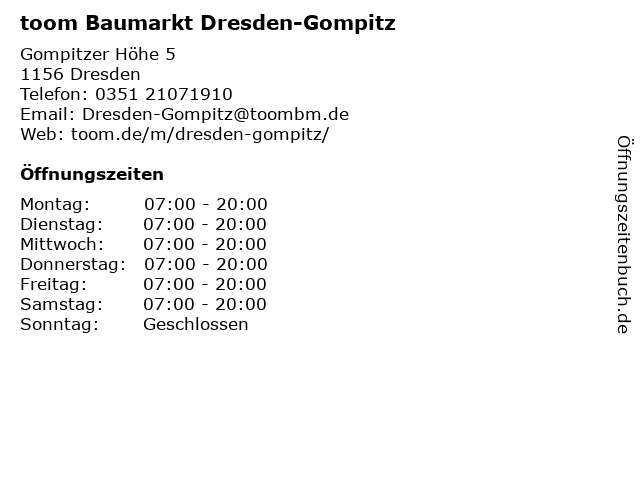 toom Baumarkt Dresden-Gompitz in Dresden: Adresse und Öffnungszeiten