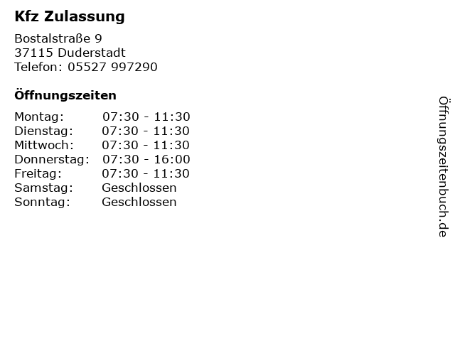 Kfz Zulassung in Duderstadt: Adresse und Öffnungszeiten