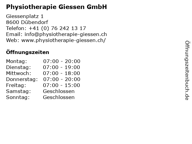 Physiotherapie Giessen GmbH in Dübendorf: Adresse und Öffnungszeiten
