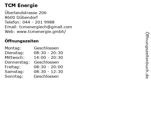 TCM Energie in Dübendorf: Adresse und Öffnungszeiten