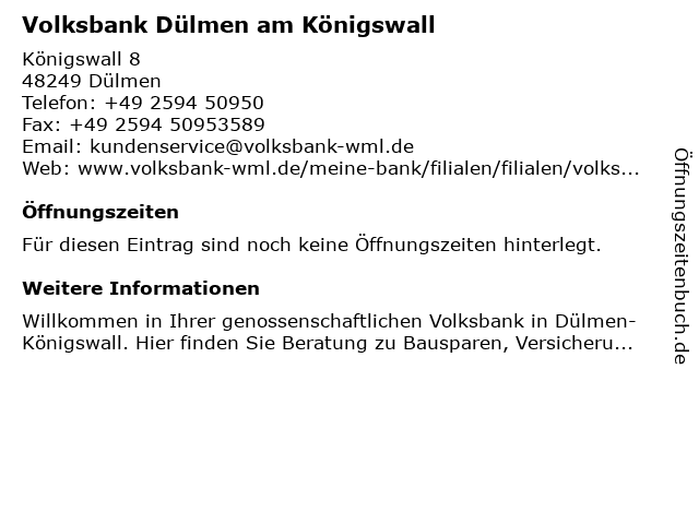 á… Offnungszeiten Vr Bank Westmunsterland Eg Filiale Dulmen Konigswall Konigswall 8 In Dulmen