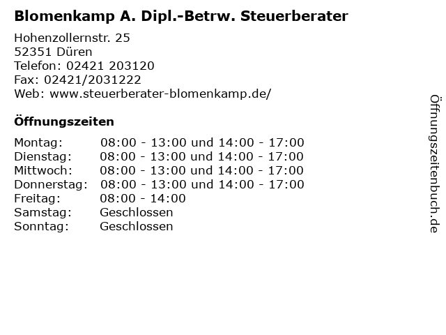 Blomenkamp A. Dipl.-Betrw. Steuerberater in Düren: Adresse und Öffnungszeiten