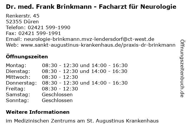 Dr. med. Frank Brinkmann - Facharzt für Neurologie in Düren: Adresse und Öffnungszeiten