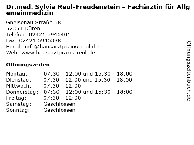ᐅ Offnungszeiten Dr Med Sylvia Reul Freudenstein Gneisenau