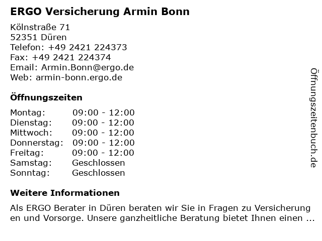 ERGO Versicherung A. Bonn & M. Holz Versicherungsbüro in Düren: Adresse und Öffnungszeiten