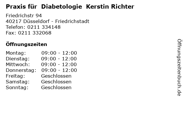 Praxis für  Diabetologie  Kerstin Richter in Düsseldorf - Friedrichstadt: Adresse und Öffnungszeiten