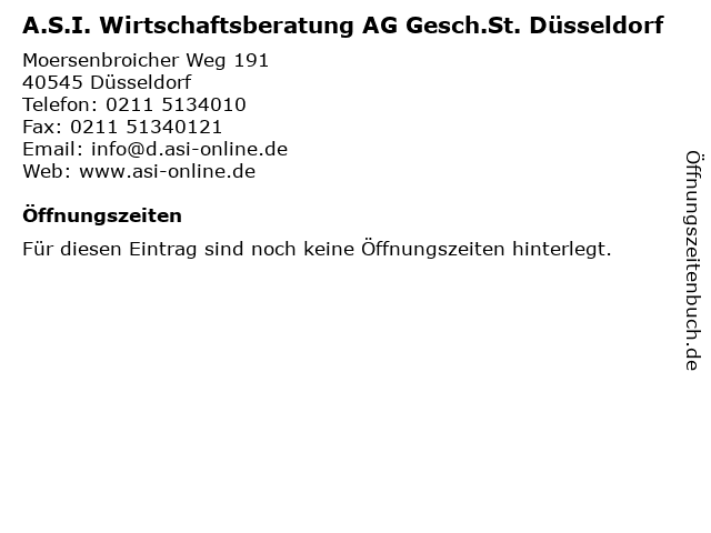A.S.I. Wirtschaftsberatung AG Gesch.St. Düsseldorf in Düsseldorf: Adresse und Öffnungszeiten