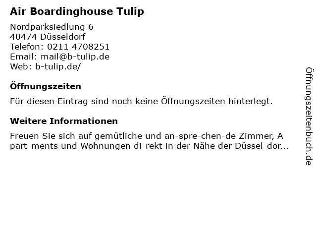 Air Boardinghouse Tulip in Düsseldorf: Adresse und Öffnungszeiten