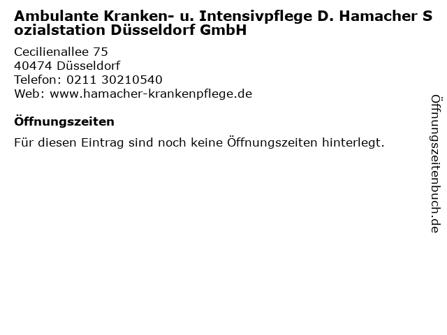Ambulante Kranken- u. Intensivpflege D. Hamacher Sozialstation Düsseldorf GmbH in Düsseldorf: Adresse und Öffnungszeiten