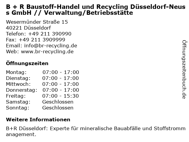 B + R Baustoff-Handel und Recycling Düsseldorf-Neuss GmbH // Verwaltung/Betriebsstätte in Düsseldorf: Adresse und Öffnungszeiten
