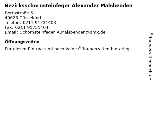 Bezirksschornsteinfeger Alexander Malsbenden in Düsseldorf: Adresse und Öffnungszeiten