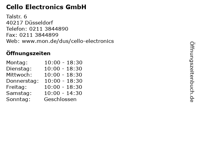 Cello Electronics GmbH in Düsseldorf: Adresse und Öffnungszeiten