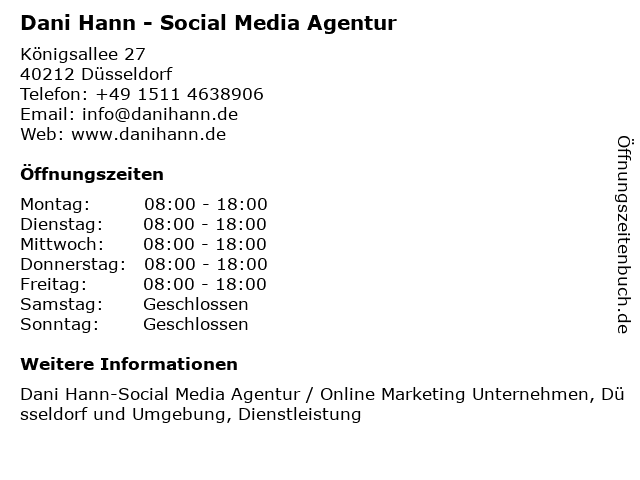 Dani Hann - Social Media Agentur in Düsseldorf: Adresse und Öffnungszeiten