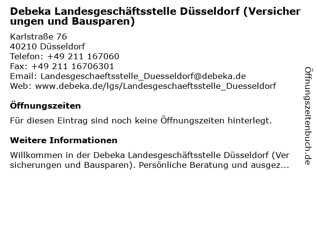 ᐅ Offnungszeiten Debeka Landesgeschaftsstelle Dusseldorf Karlstrasse 76 In Dusseldorf