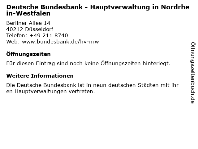 Deutsche Bundesbank - Hauptverwaltung in Nordrhein-Westfalen in Düsseldorf: Adresse und Öffnungszeiten
