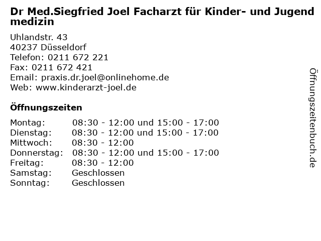 Dr Med.Siegfried Joel Facharzt für Kinder- und Jugendmedizin in Düsseldorf: Adresse und Öffnungszeiten