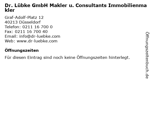 Dr. Lübke GmbH Makler u. Consultants Immobilienmakler in Düsseldorf: Adresse und Öffnungszeiten