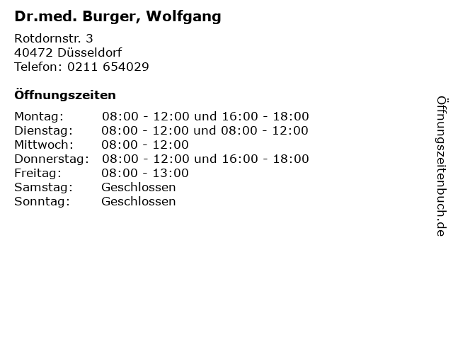 Dr.med. Burger, Wolfgang in Düsseldorf: Adresse und Öffnungszeiten