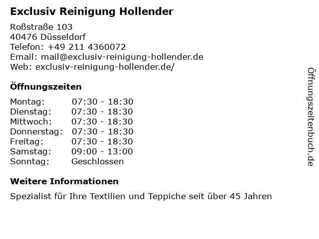 Exclusiv Reinigung Hollender in Düsseldorf: Adresse und Öffnungszeiten
