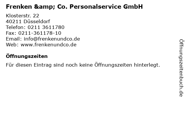 Frenken & Co. Personalservice GmbH in Düsseldorf: Adresse und Öffnungszeiten
