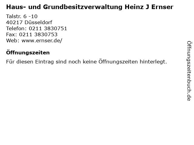 Haus- und Grundbesitzverwaltung Heinz J Ernser in Düsseldorf: Adresse und Öffnungszeiten