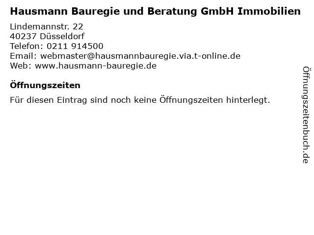 Hausmann Bauregie und Beratung GmbH Immobilien in Düsseldorf: Adresse und Öffnungszeiten