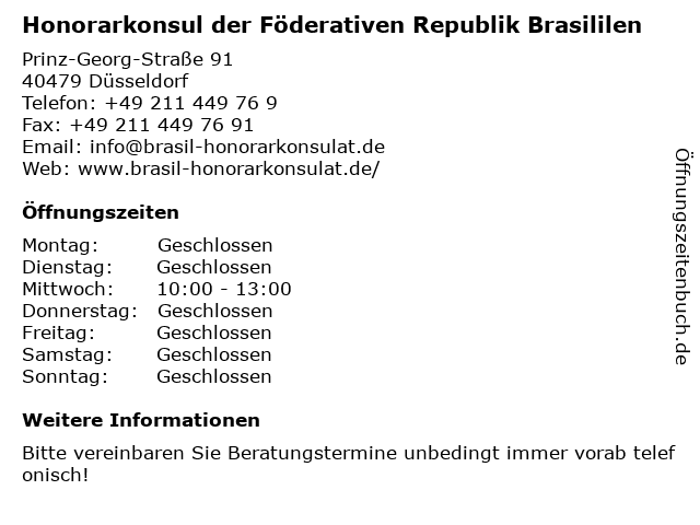 Honorarkonsul der Föderativen Republik Brasililen in Düsseldorf: Adresse und Öffnungszeiten