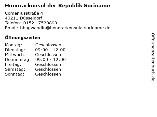 Honorarkonsul der Republik Suriname in Düsseldorf: Adresse und Öffnungszeiten