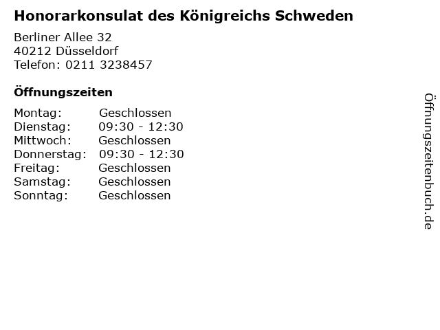Honorarkonsulat des Königreichs Schweden in Düsseldorf: Adresse und Öffnungszeiten