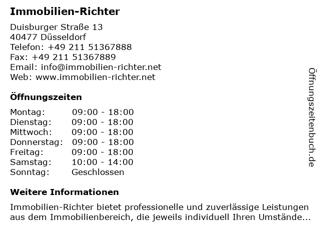 Immobilien-Richter in Düsseldorf: Adresse und Öffnungszeiten